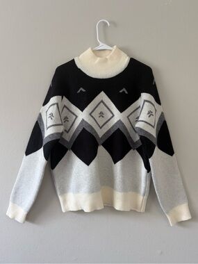 VICI Women’s L Black White Gray Ivory Argyle Turtleneck Knit Pullover Sweater